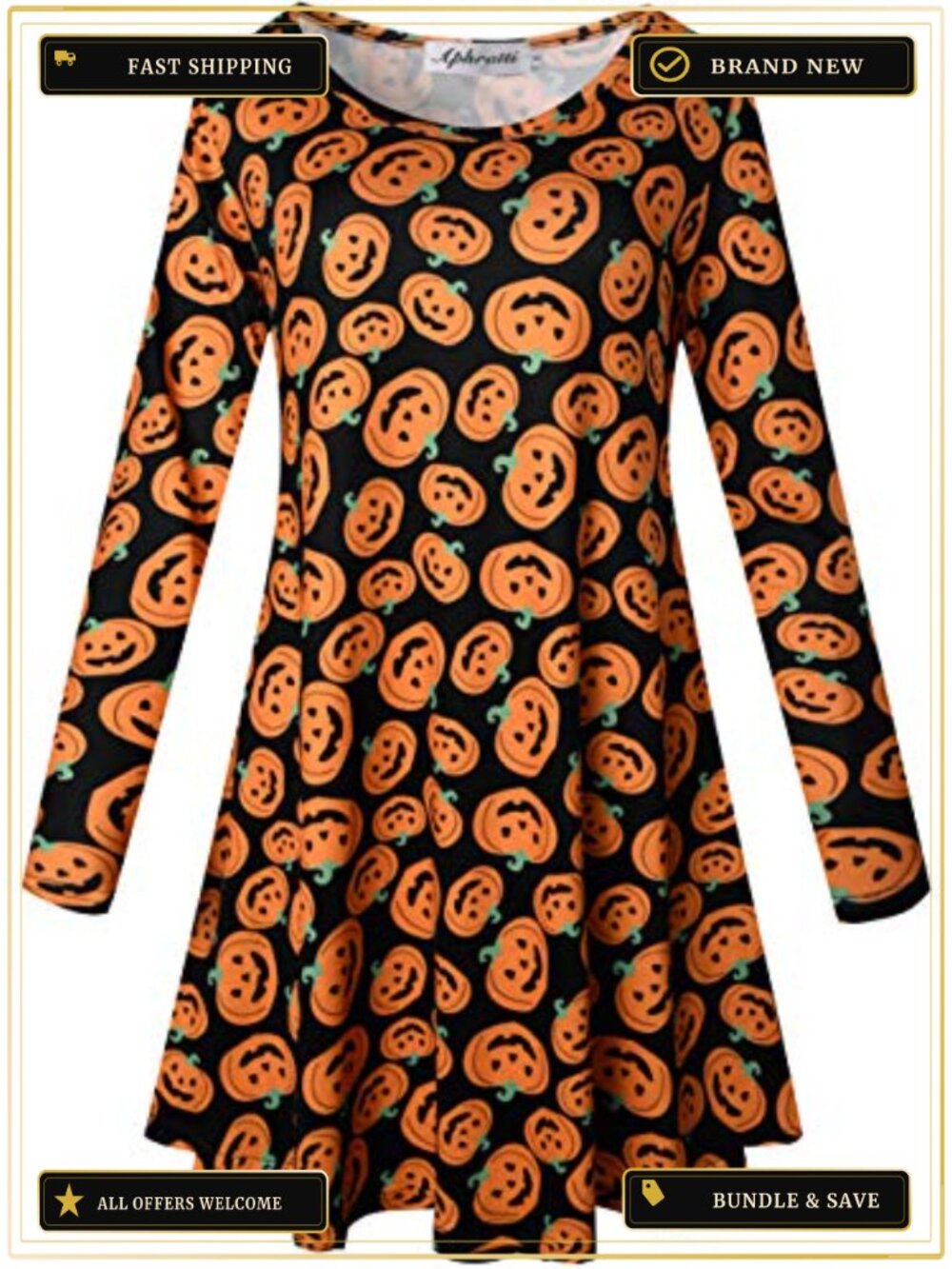 Women's Halloween Print Long Sleeve Swing Short Dress Costume Tunic